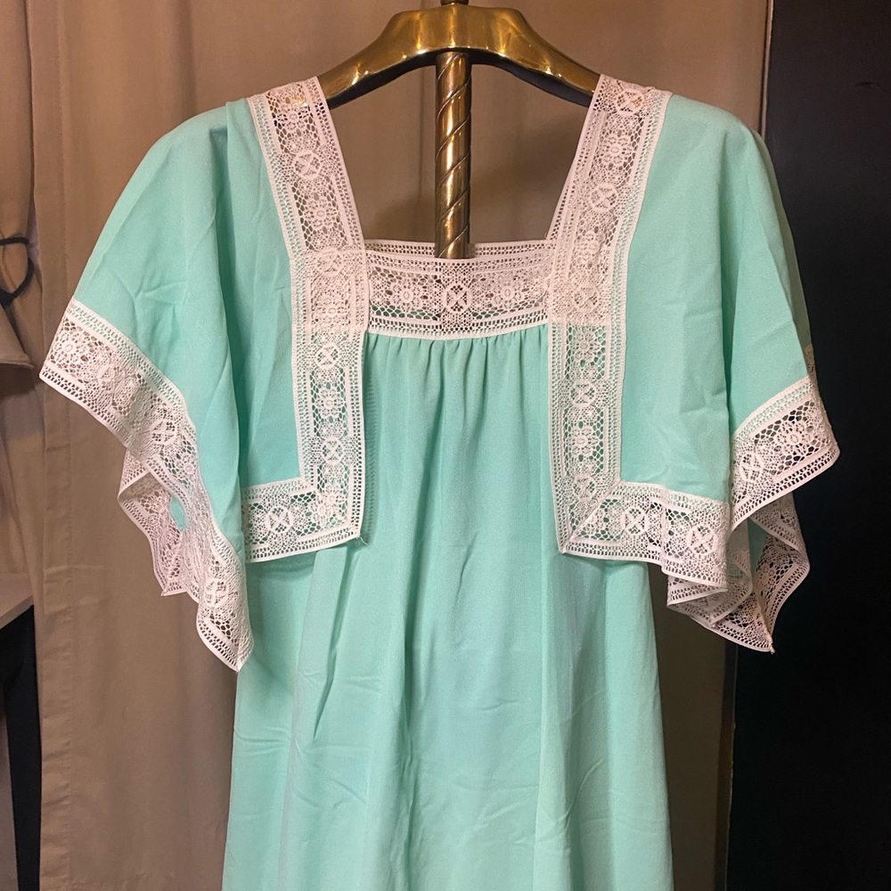 Vintage 70s Neon Lace Flutter Sleeve Maxi Dress